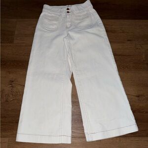 Cropped Wide Leg Cream Denim Jeans Patch Pockets 4 Brown Thread Trim Boho Chic
